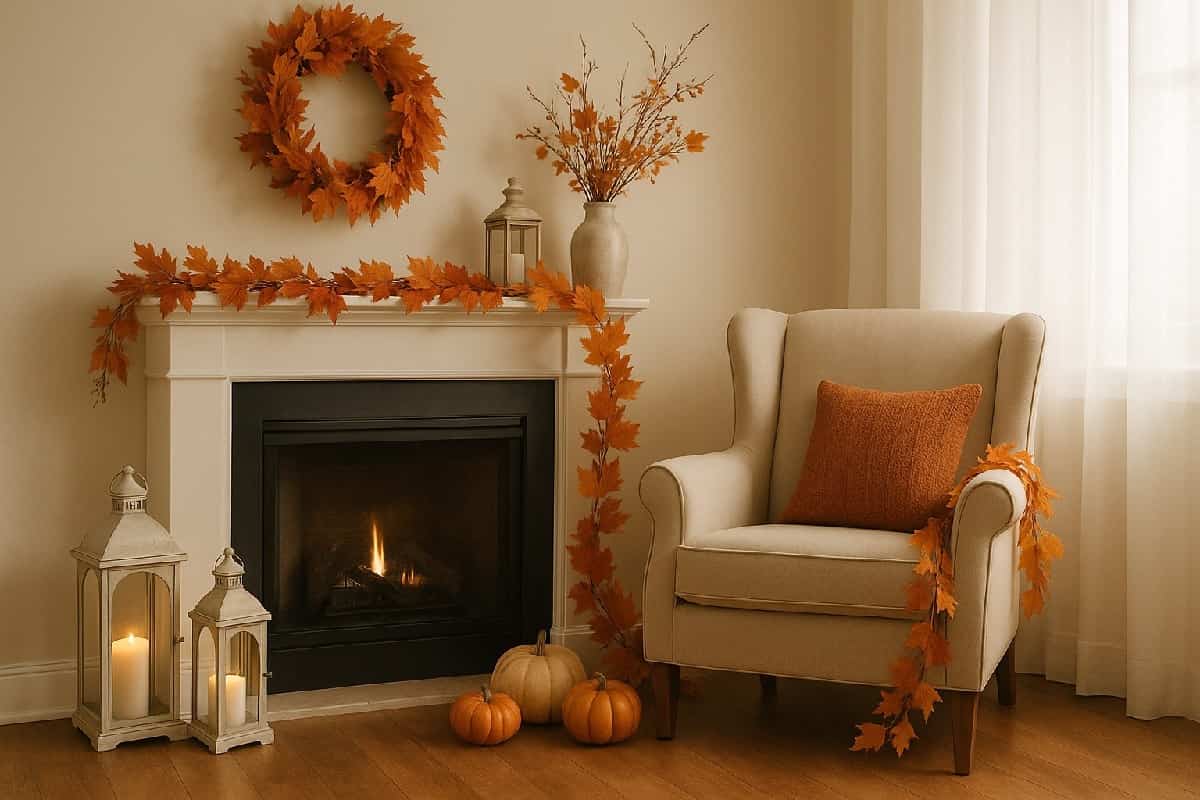 Angolo interno realistico con caminetto acceso, lanterne shabby, ghirlanda di foglie arancioni e poltrona chiara con cuscino caldo, decorato in stile autunnale elegante e naturale.