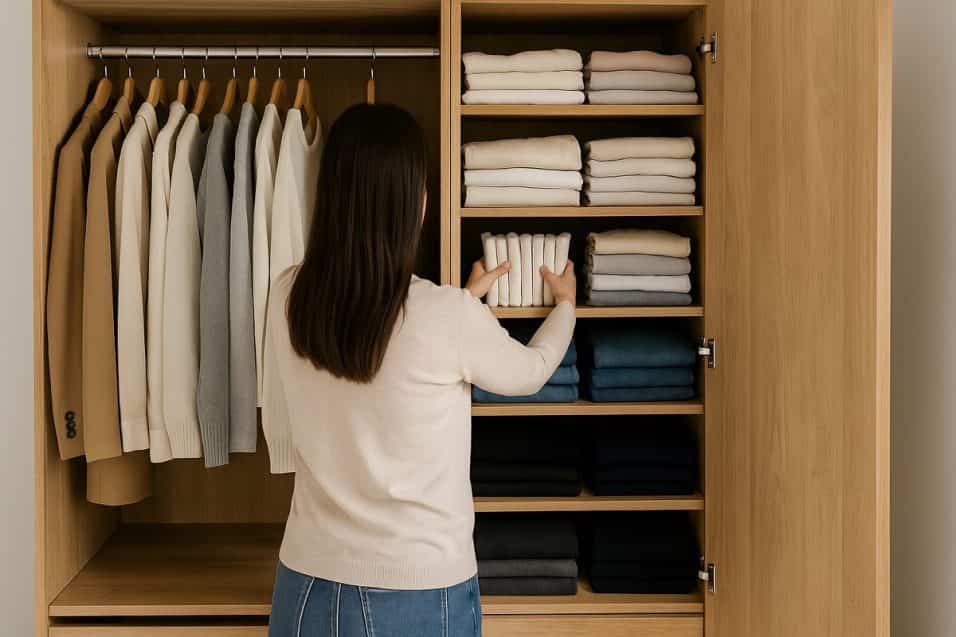 Donna di spalle sistema vestiti in un armadio ordinato e ben organizzato.