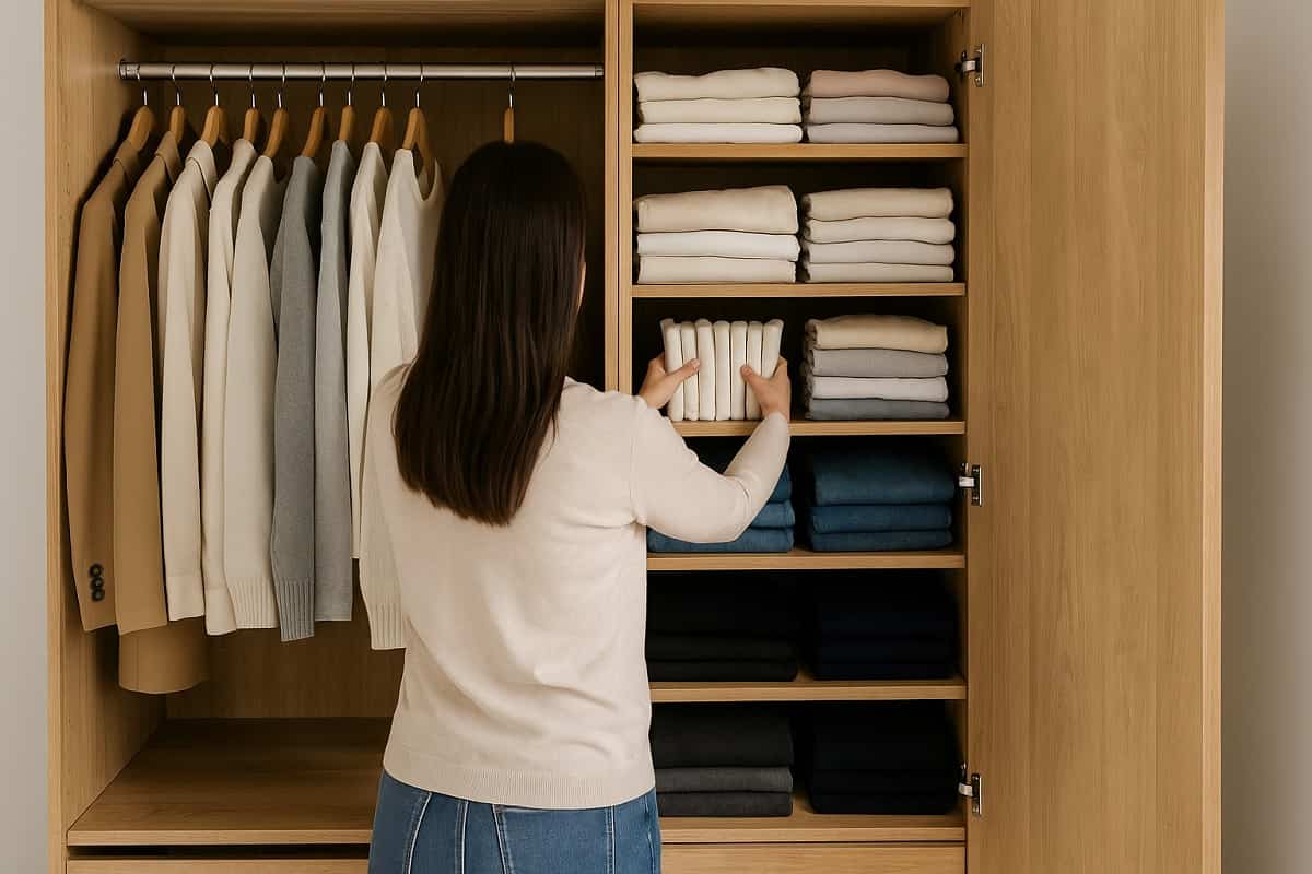 Donna di spalle sistema vestiti in un armadio ordinato e ben organizzato.