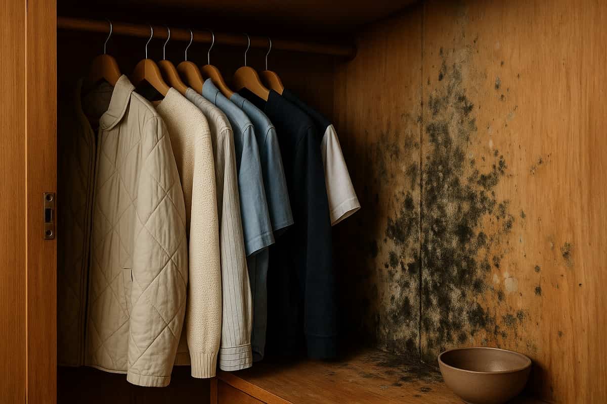 interno di un armadio in legno con vestiti appesi e macchie di muffa sulle pareti interne, segno di umidità e scarsa ventilazione.