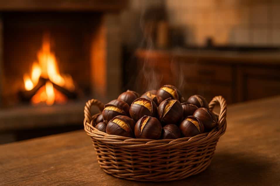 Cesto di castagne appena cotte con caminetto acceso sullo sfondo