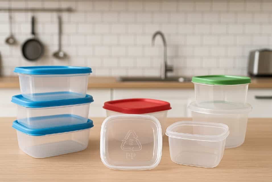 Contenitori in plastica colorati su piano cucina moderna