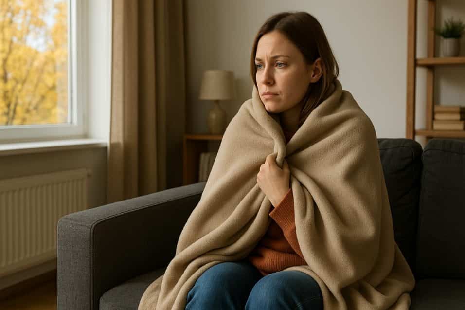 donna avvolta in una coperta di pile sul divano mentre fuori è soleggiato in autunno