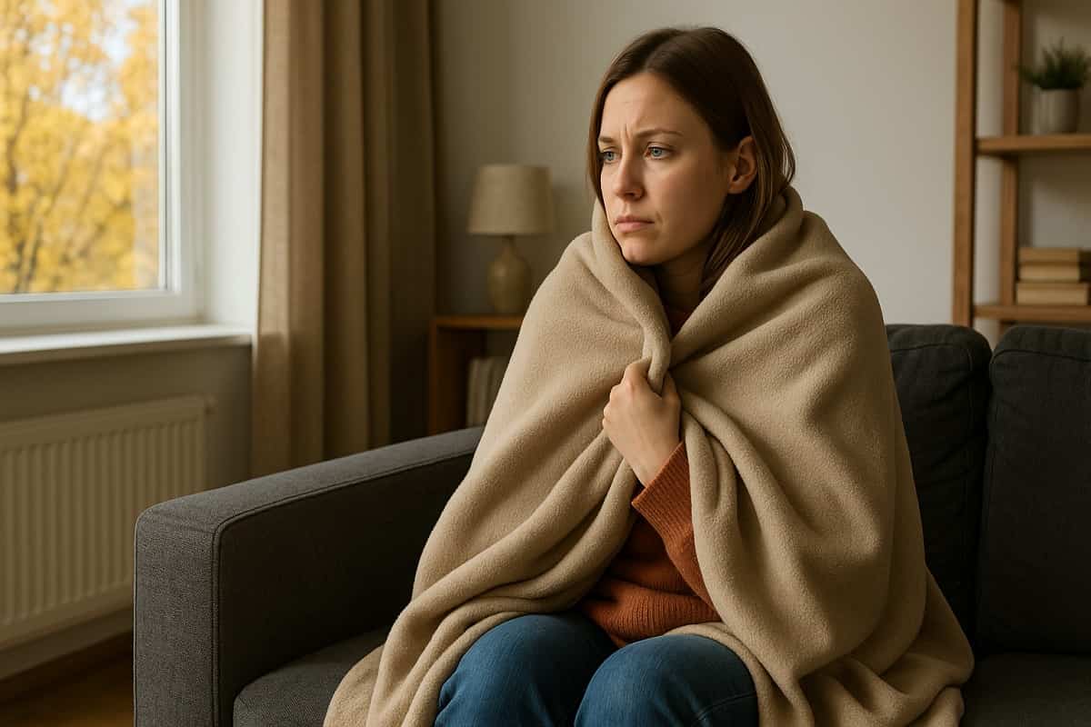 donna avvolta in una coperta di pile sul divano mentre fuori è soleggiato in autunno