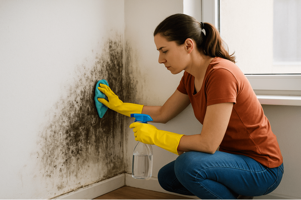 Donna che pulisce la muffa dal muro con panno e spruzzino vicino a una finestra