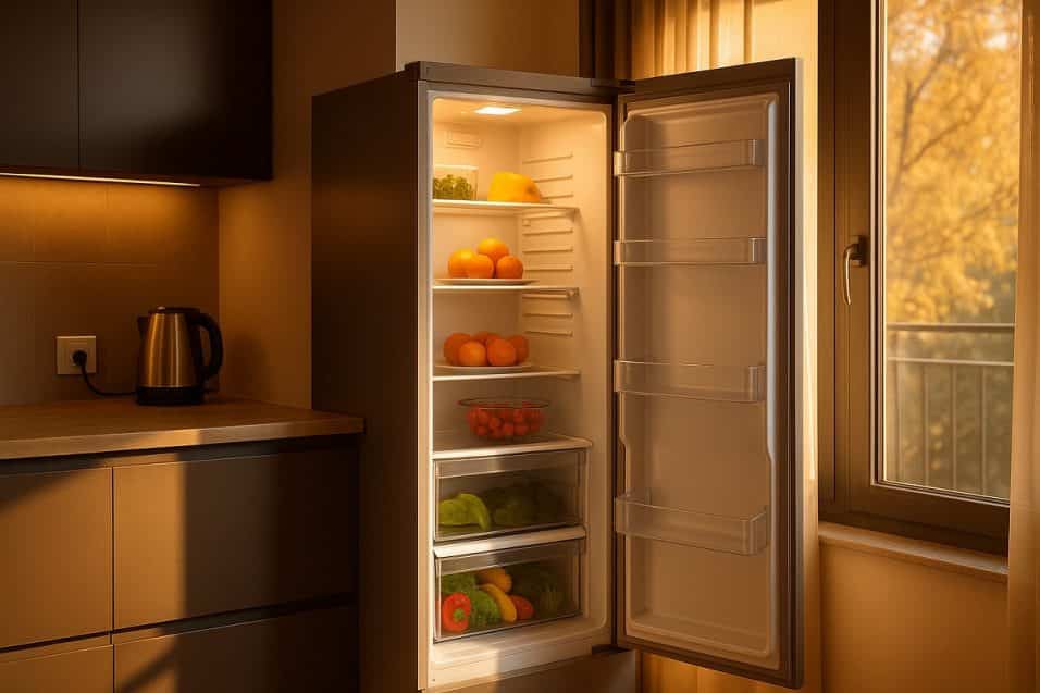 cucina moderna con frigorifero aperto illuminato da luce calda autunnale