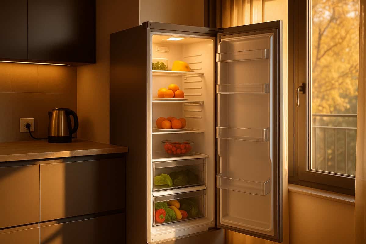 cucina moderna con frigorifero aperto illuminato da luce calda autunnale