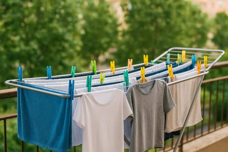 Panni appena lavati stesi all’aria aperta su un balcone, in una giornata luminosa.