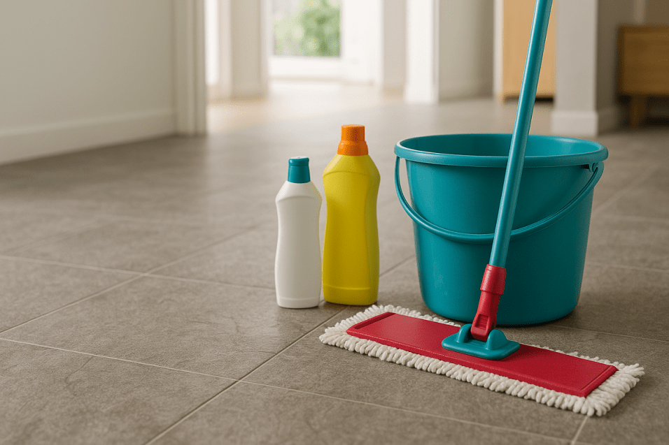 pavimento in gres porcellanato opaco effetto pietra pulito con secchio, mocio in microfibra e detergenti in una casa moderna illuminata dalla luce naturale