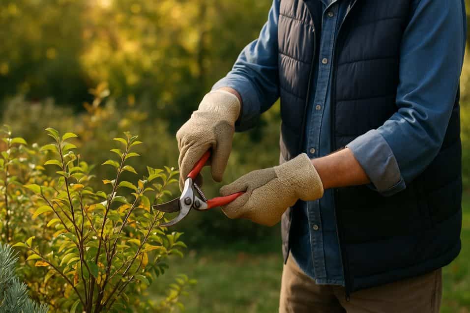 Uomo che pota un arbusto in giardino con forbici da potatura durante una giornata autunnale di ottobre