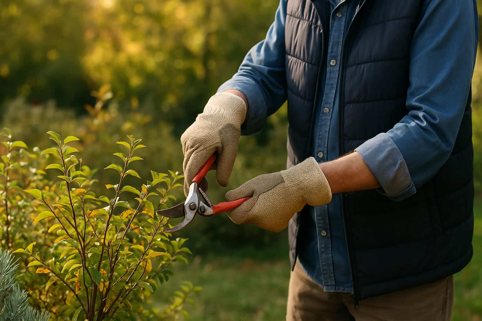 Uomo che pota un arbusto in giardino con forbici da potatura durante una giornata autunnale di ottobre