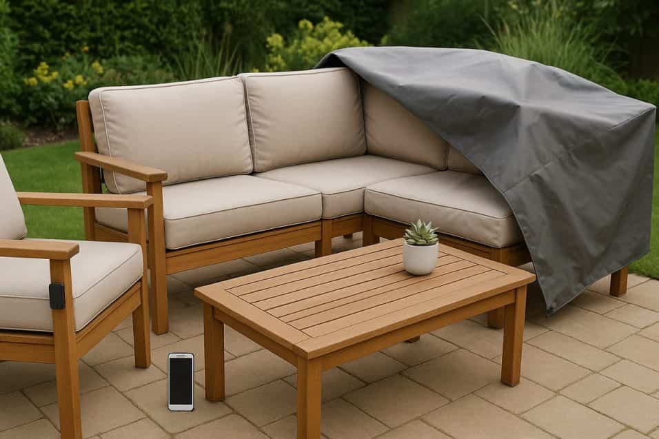 Arredi da giardino in legno con copertura impermeabile e sensore smart di umidità, simbolo di protezione automatica contro pioggia e condensa.