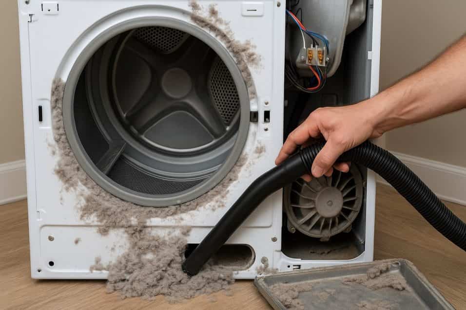 aspirazione dei pelucchi interni da un’asciugatrice smontata per eliminare cattivi odori e umidità.