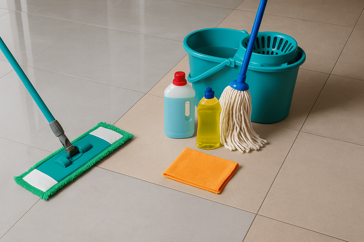 pavimento in gres porcellanato lucido e opaco pulito con secchio, mocio in microfibra e detergenti su sfondo luminoso in casa moderna
