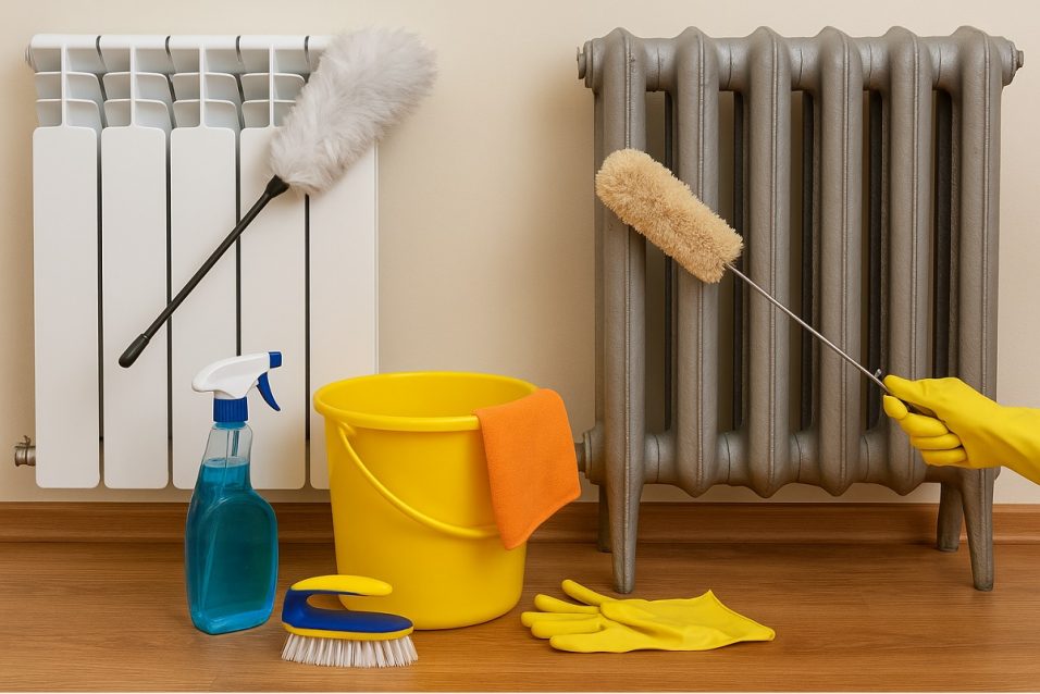 Pulizia realistica di termosifoni in ghisa e alluminio con spolverino, secchio, spray e guanti di gomma prima dell’accensione dei riscaldamenti.