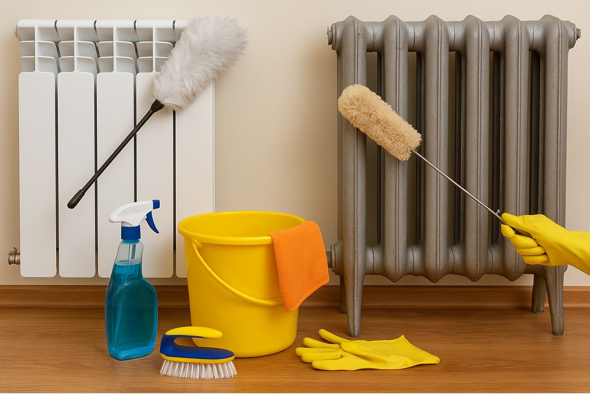 Pulizia realistica di termosifoni in ghisa e alluminio con spolverino, secchio, spray e guanti di gomma prima dell’accensione dei riscaldamenti.