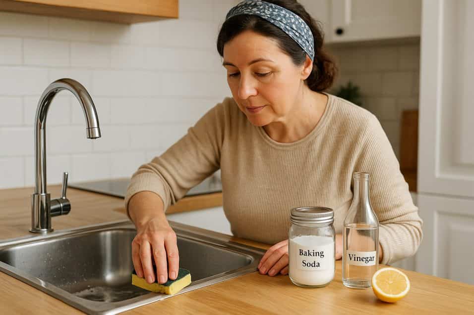 Donna adulta pulisce il lavello della cucina con una spugna e aceto, accanto a un barattolo di bicarbonato e mezzo limone