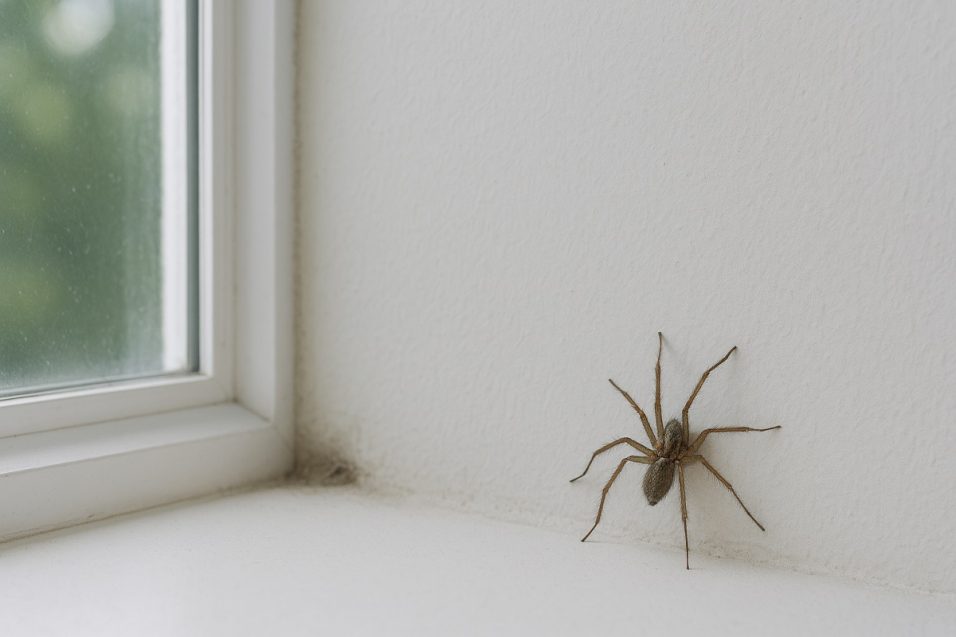 Ragno domestico in casa, appoggiato su un muro bianco vicino a una finestra