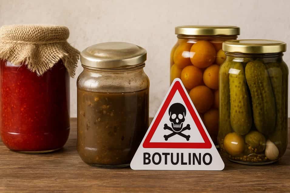 Barattoli di conserve fatte in casa con un cartello di pericolo botulino in primo piano, simbolo di rischio nelle preparazioni domestiche.