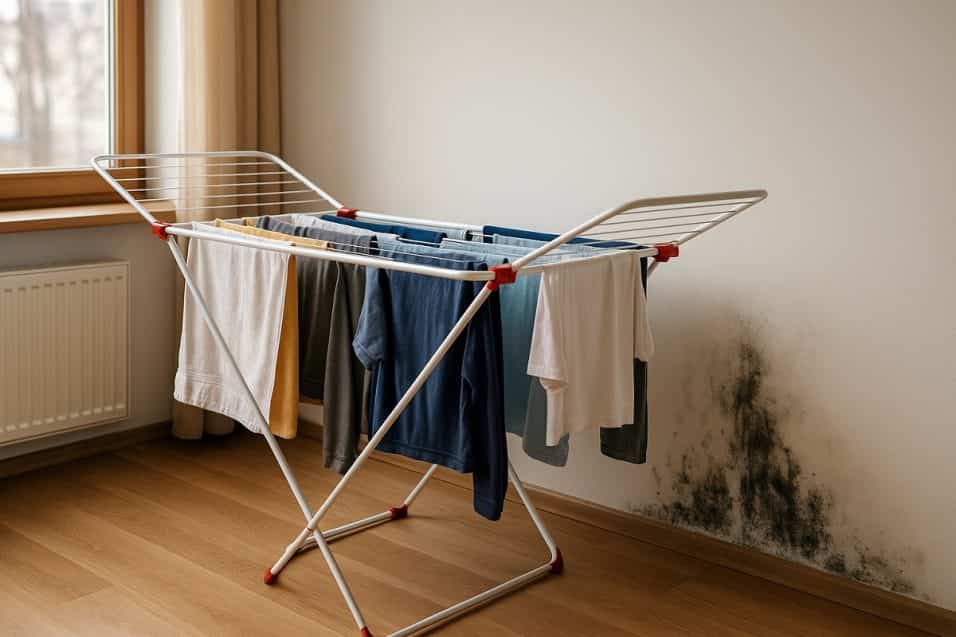 Stendibiancheria con panni bagnati vicino a una parete con macchie di muffa causate dall’umidità.
