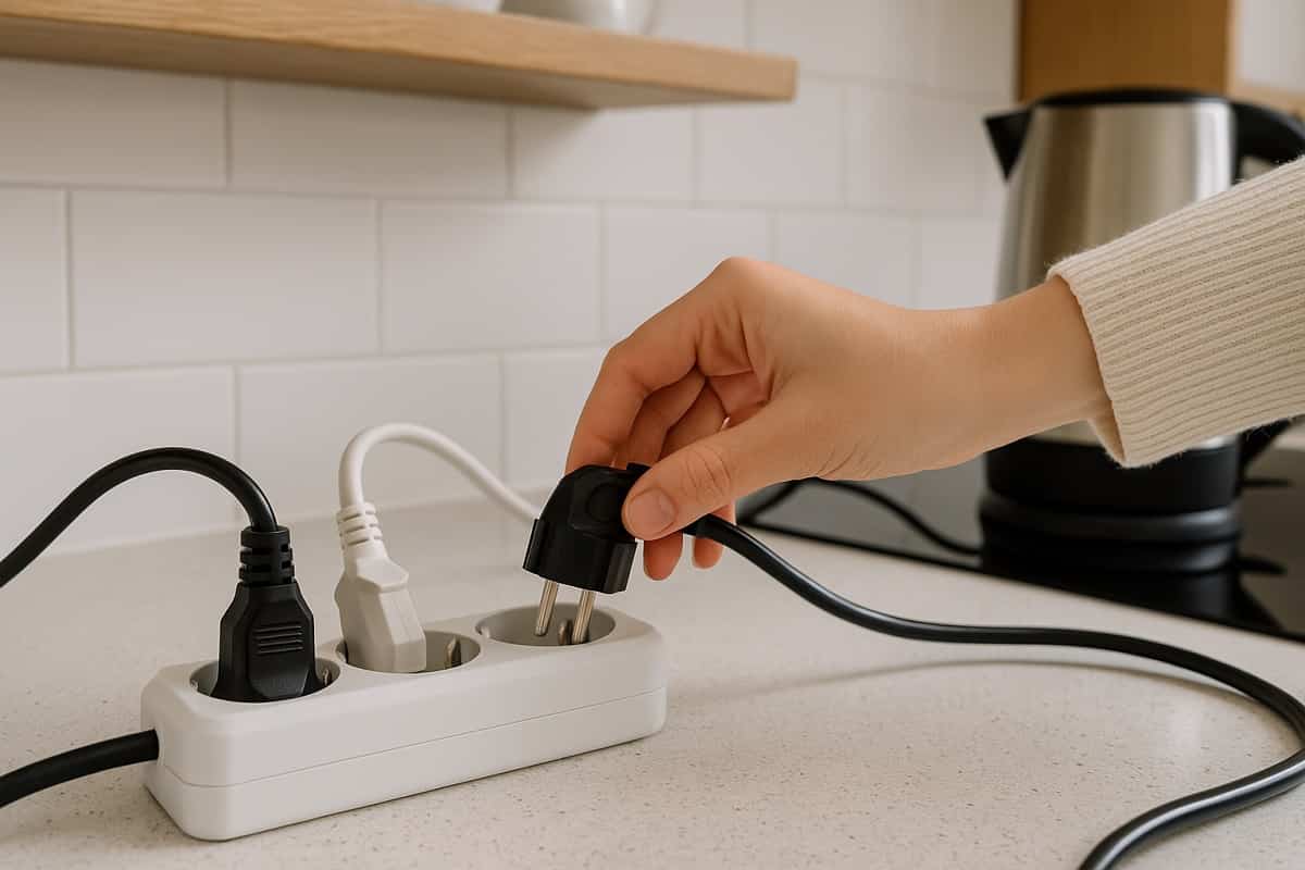 mano che scollega una spina da una ciabatta elettrica in cucina per sicurezza