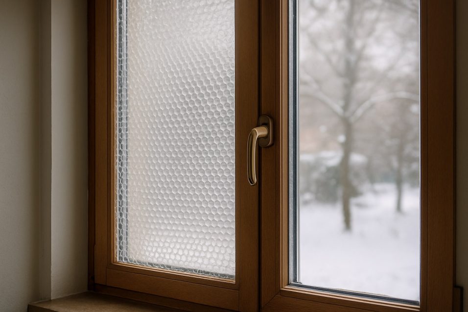 Finestra interna in legno con foglio di pluriball applicato sul vetro per ridurre la dispersione del calore durante l’inverno