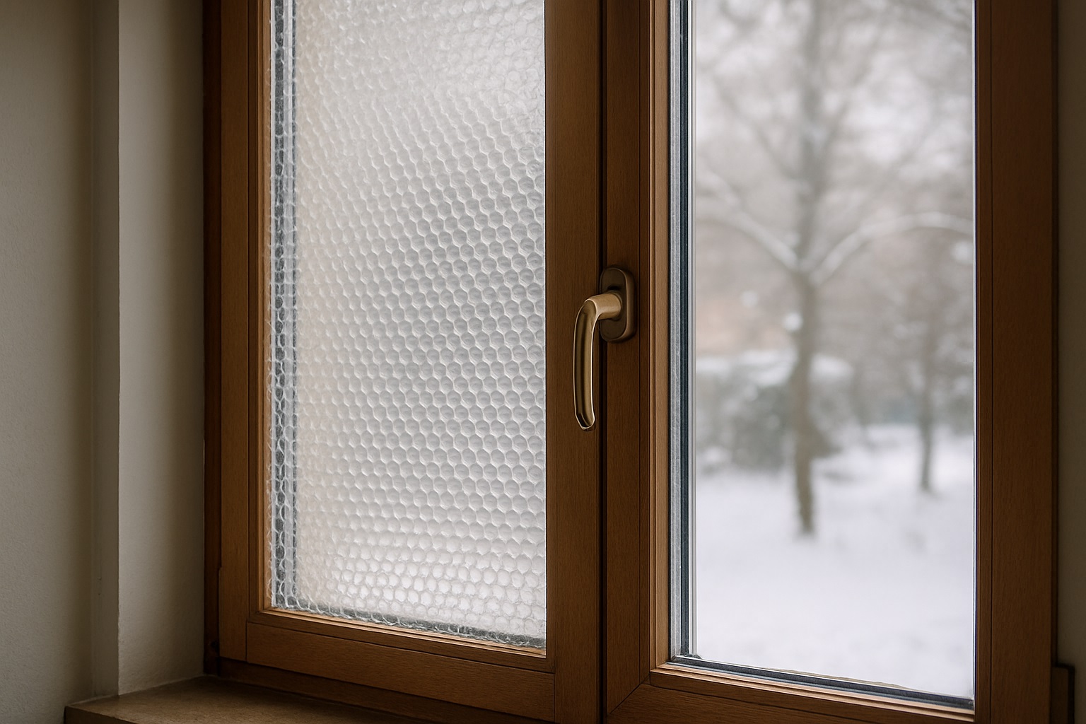 Finestra interna in legno con foglio di pluriball applicato sul vetro per ridurre la dispersione del calore durante l’inverno