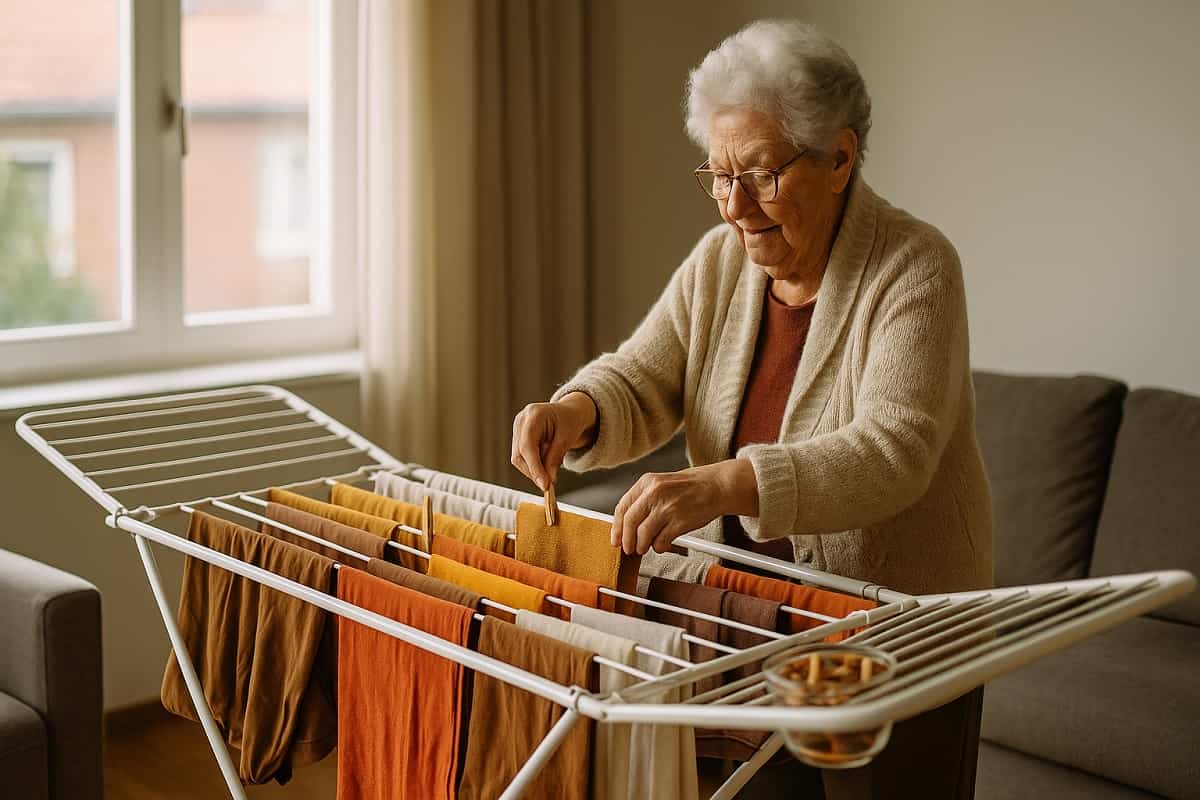 nonna che stende panni autunnali su uno stendino in casa vicino a una finestra, con luce calda e atmosfera domestica