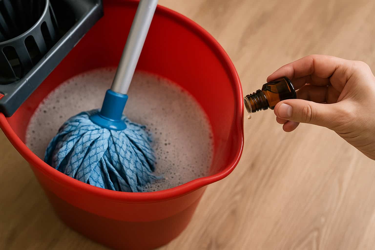 Una mano versa alcune gocce di olio essenziale da un piccolo flacone ambrato in un secchio rosso con acqua saponata e un mocio azzurro immerso.