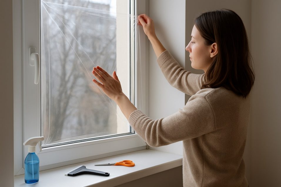 una donna che applica una pellicola termica trasparente su una finestra interna, con luce naturale che entra dalla stanza
