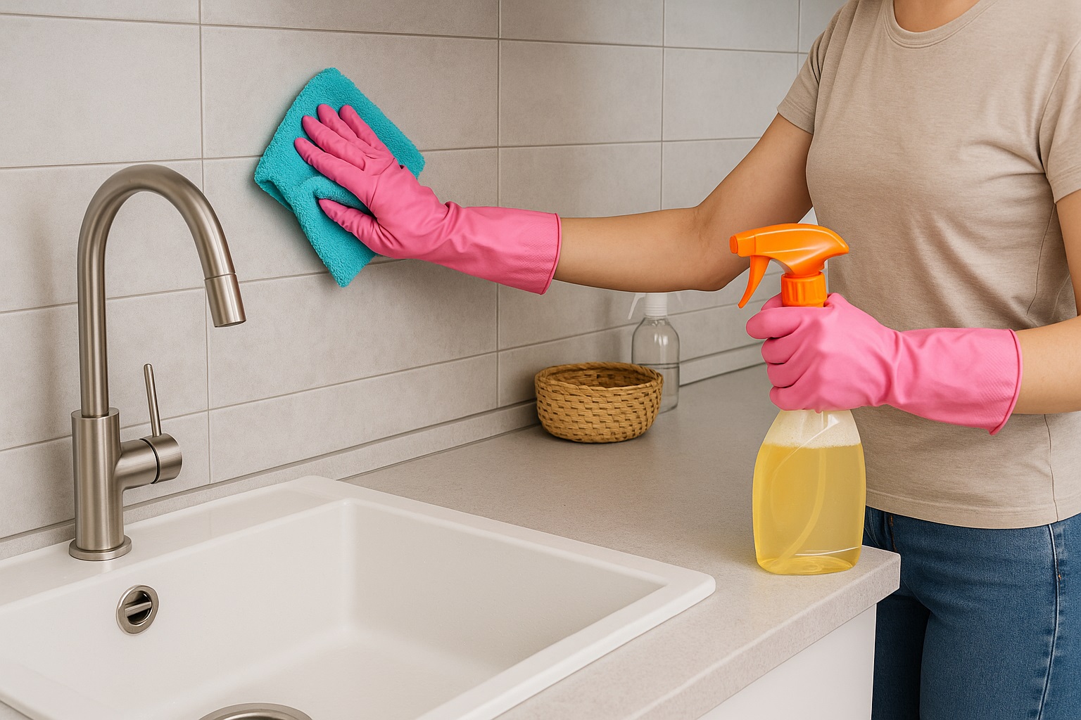 Persona con guanti rosa che pulisce lavello e piastrelle della cucina con un panno in microfibra e spray detergente