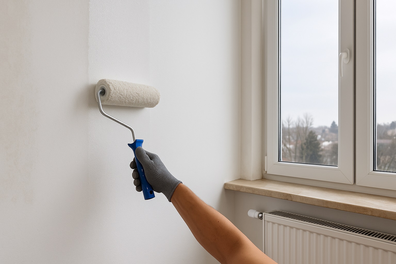 Applicazione di pittura termica anticondensa su una parete interna vicino a una finestra, in una stanza luminosa e moderna