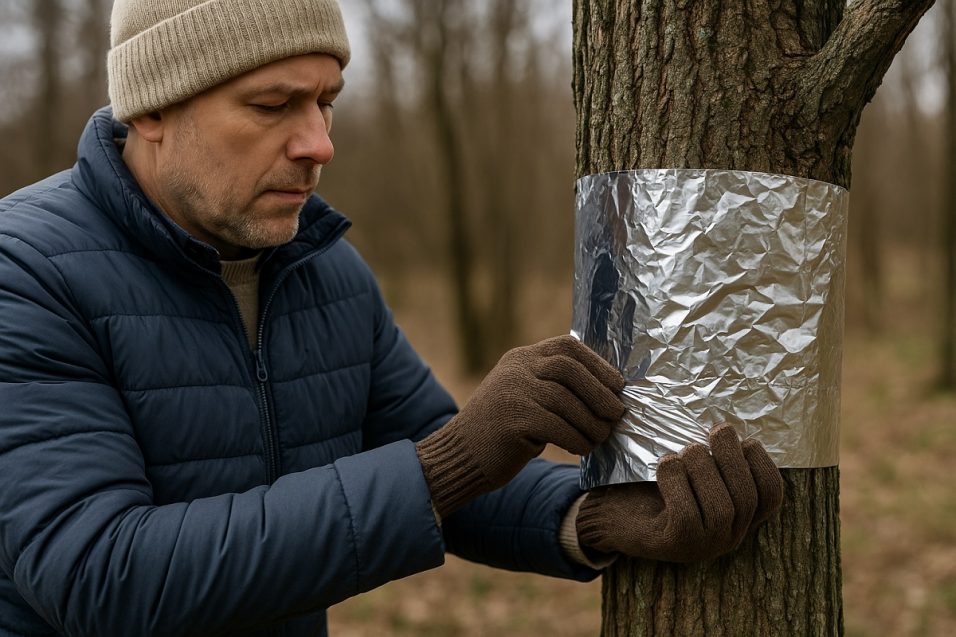 Un metodo semplice ed efficace per proteggere gli alberi in inverno da gelo, parassiti e roditori usando un foglio di carta stagnola avvolto intorno al tronco.