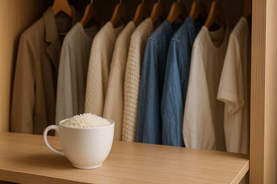 Una tazza bianca piena di riso crudo posizionata su una mensola in legno all’interno di un armadio ordinato con vestiti appesi