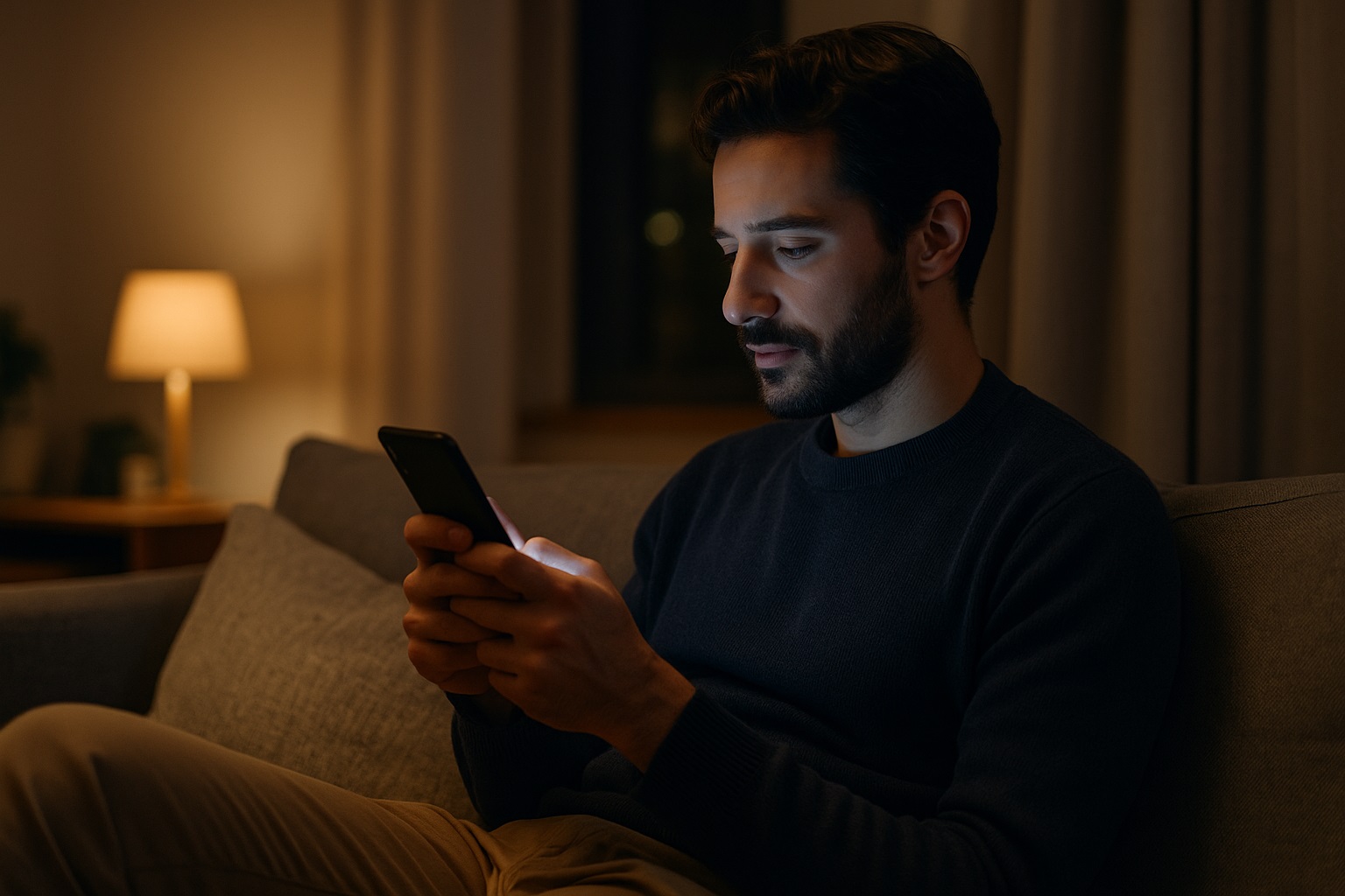 persona rilassata che legge un libro in salotto con smartphone spento sul tavolo, simbolo di disconnessione digitale e benessere mentale