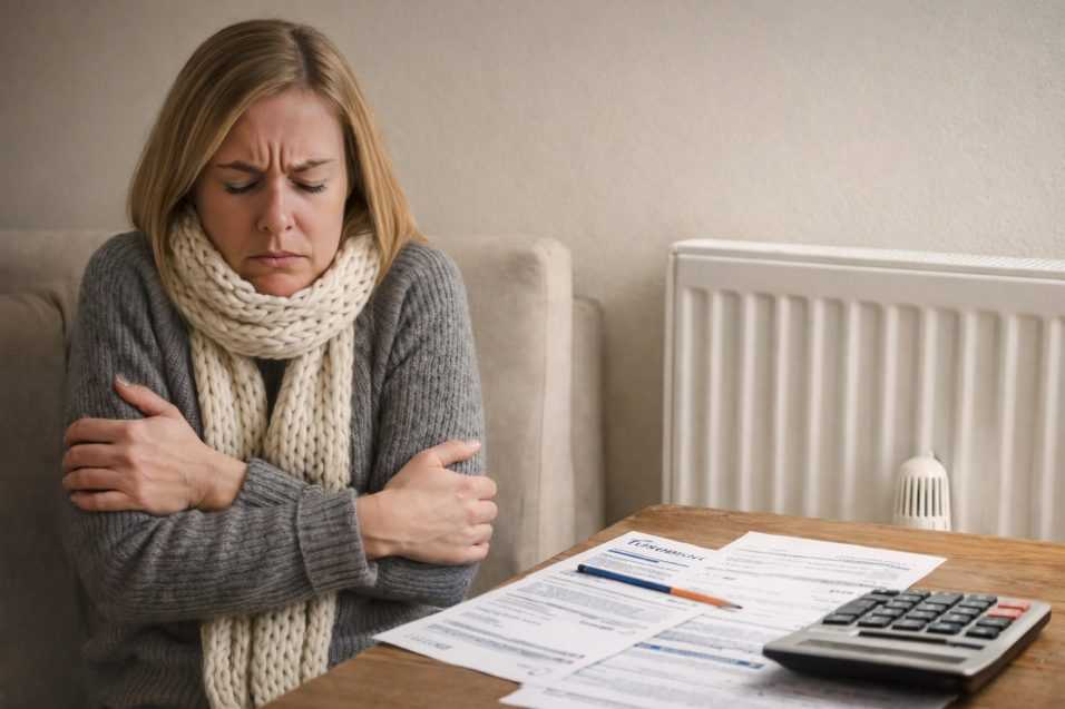 Una donna bionda, avvolta in una sciarpa di lana e un maglione grigio, è seduta su un divano beige. Esprime disagio, abbracciandosi per il freddo mentre guarda una bolletta di luce, con un radiatore e una calcolatrice visibili sul tavolo, in un ambiente domestico con luce naturale
