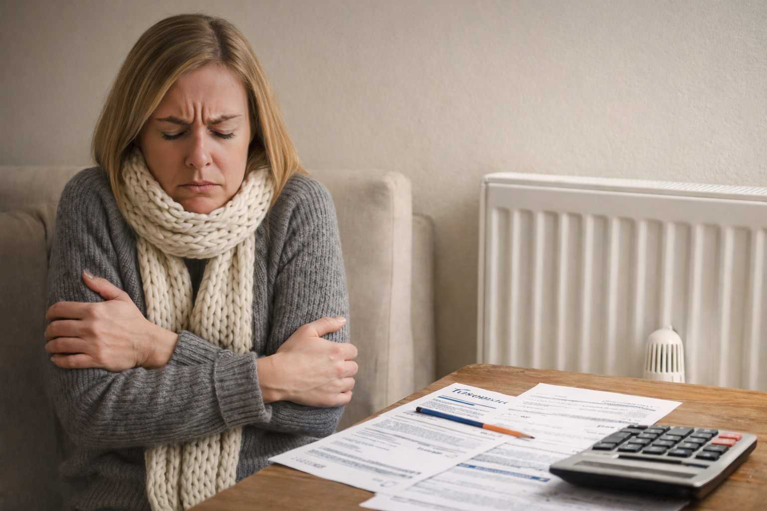Una donna bionda, avvolta in una sciarpa di lana e un maglione grigio, è seduta su un divano beige. Esprime disagio, abbracciandosi per il freddo mentre guarda una bolletta di luce, con un radiatore e una calcolatrice visibili sul tavolo, in un ambiente domestico con luce naturale