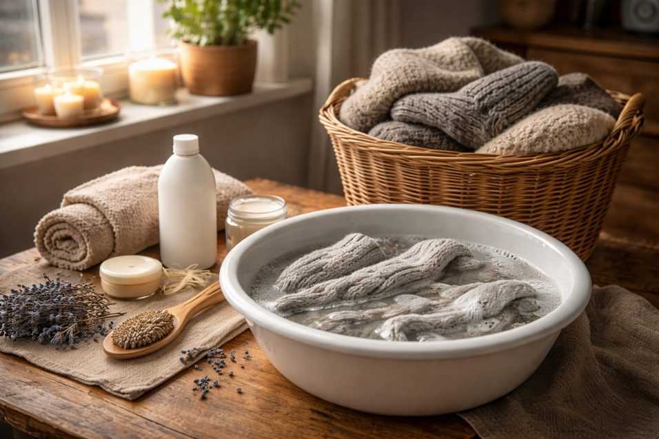 Maglione di lana immerso in una bacinella con acqua e balsamo, circondato da candele, lavanda e prodotti naturali su un tavolo di legno