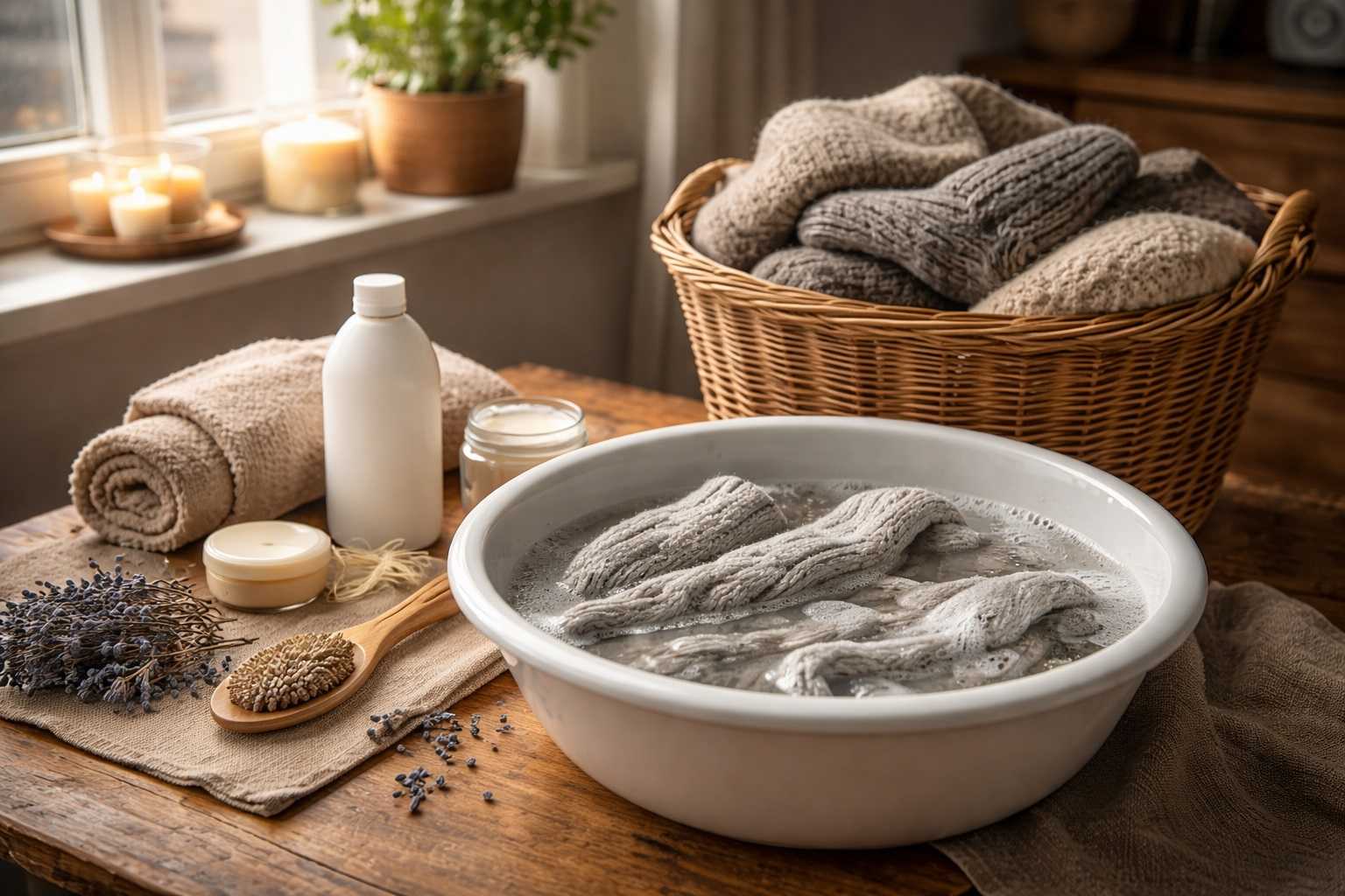 Maglione di lana immerso in una bacinella con acqua e balsamo, circondato da candele, lavanda e prodotti naturali su un tavolo di legno