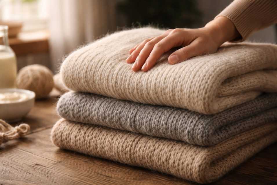 Maglioni di lana piegati su un tavolo in legno mentre una mano accarezza il tessuto per verificarne la morbidezza delle fibre naturali