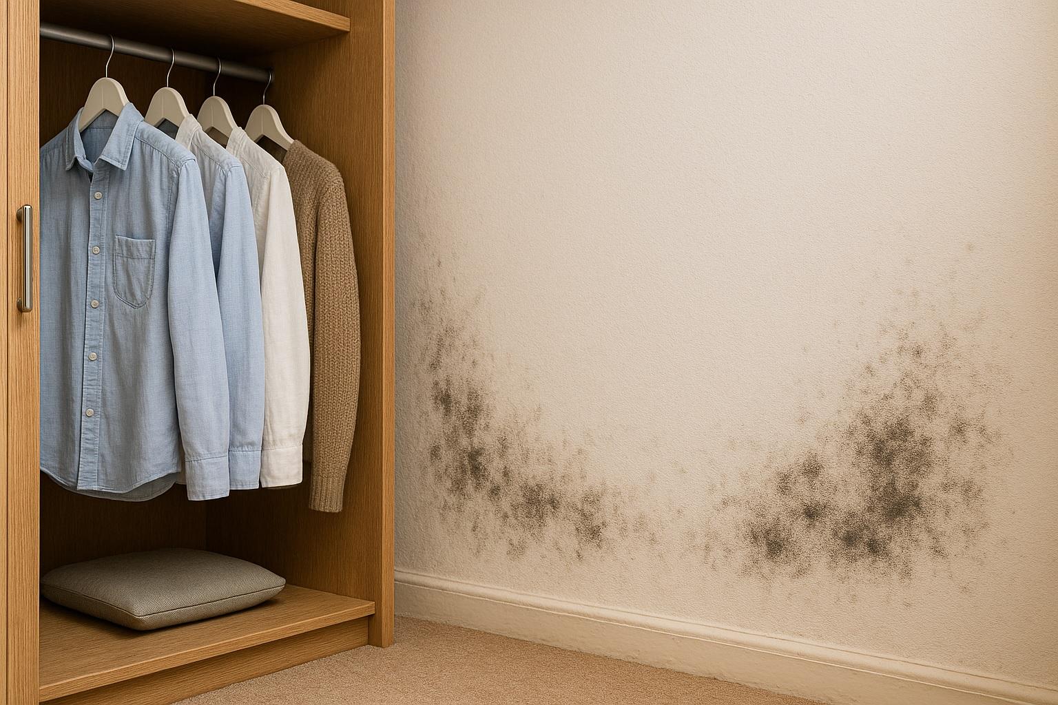 Muffa dietro l’armadio causata da umidità e condensa, con muro macchiato, cattivi odori e rischio per vestiti, mobili e salute in ambiente domestico.