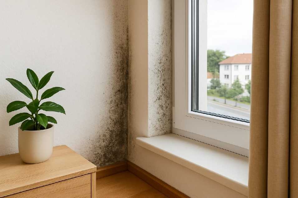 Muffa e puntini neri sull’imbotto della finestra causati da condensa e umidità, con muro macchiato, finestra moderna e mobile basso con pianta in ambiente domestico.