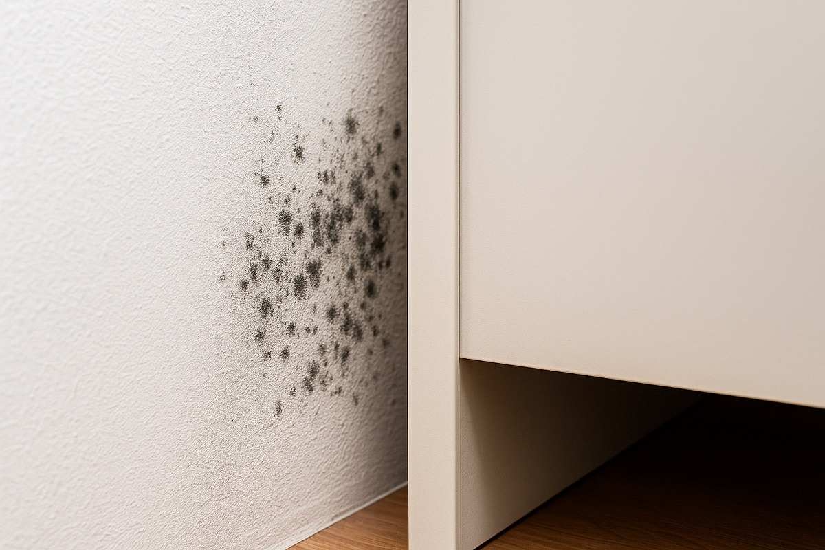 Muffa puntinata sul muro dietro l’armadio scostato, causata da umidità e cattiva ventilazione, con rischio di cattivi odori e danni a pareti e vestiti.