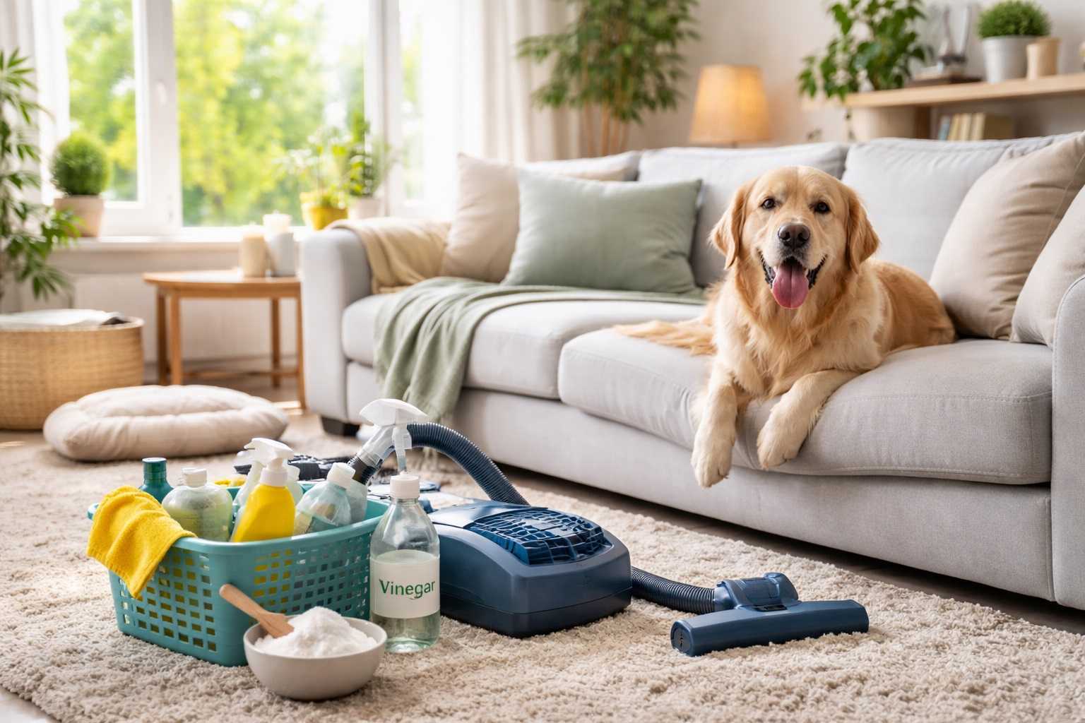 Cane sdraiato sul divano in un soggiorno luminoso con tappeto e tessuti, tipico ambiente domestico dove l’odore di cane può restare intrappolato anche dopo le pulizie