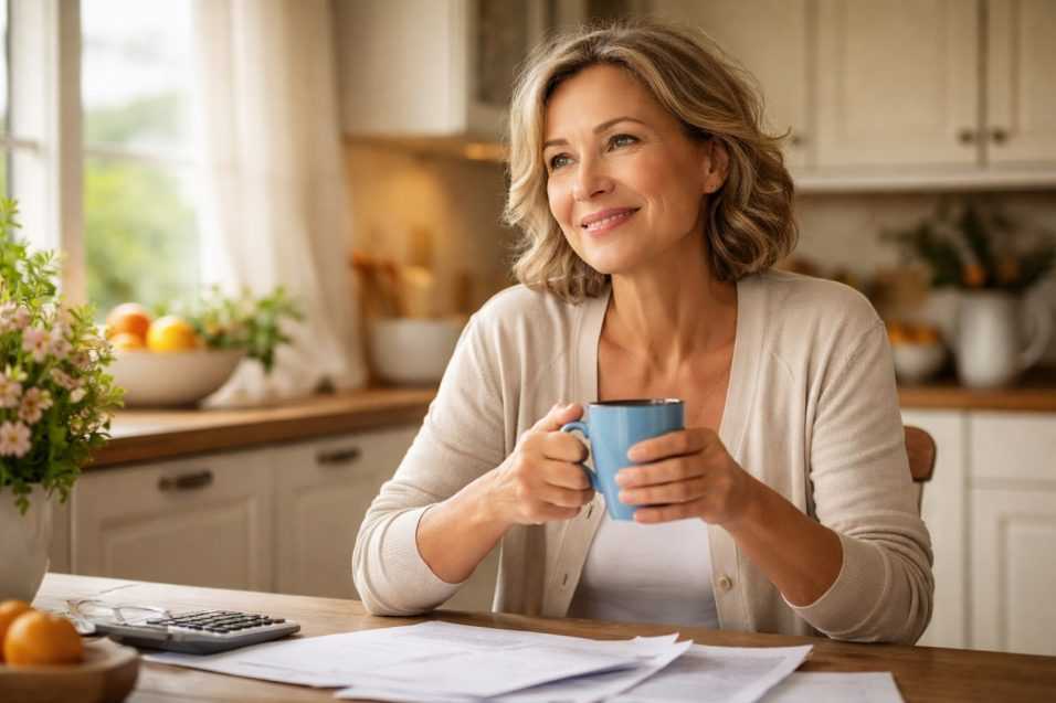 Donna adulta seduta al tavolo della cucina, luce naturale dalla finestra, ambiente domestico sereno che rappresenta la vita quotidiana di una casalinga