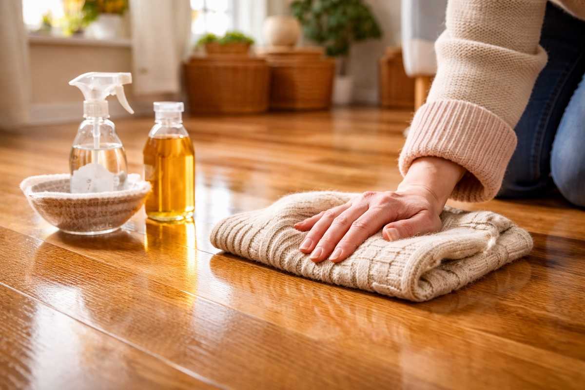 La lana naturale di un maglione riciclato lucida il pavimento e raccoglie lo sporco in modo delicato ed efficace.