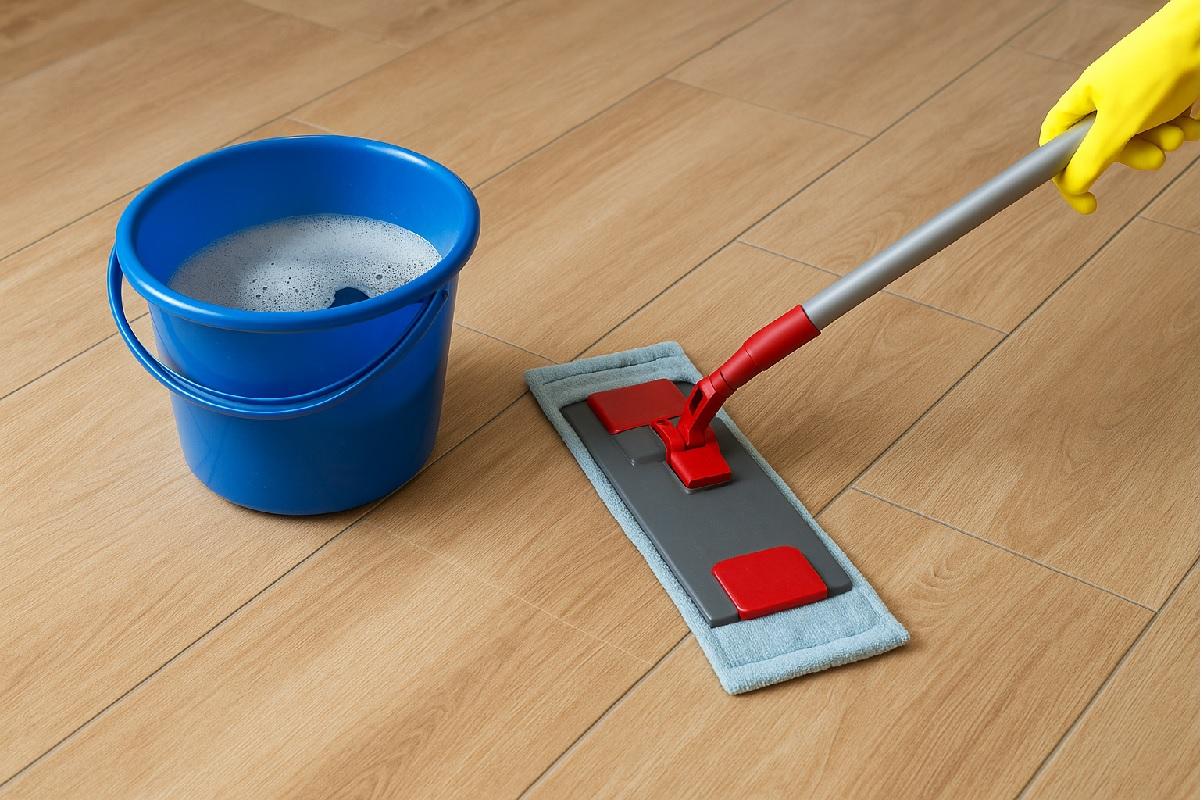 Pulizia del pavimento con mocio ben strizzato e detergente diluito per ottenere una superficie pulita, uniforme e senza strisce, come fanno le colf.