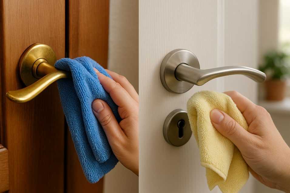 Una persona pulisce due maniglie di porte interne: una in ottone su porta in legno e una in metallo satinato su porta bianca, utilizzando panni morbidi in microfibra colorati, in un ambiente domestico illuminato naturalmente.