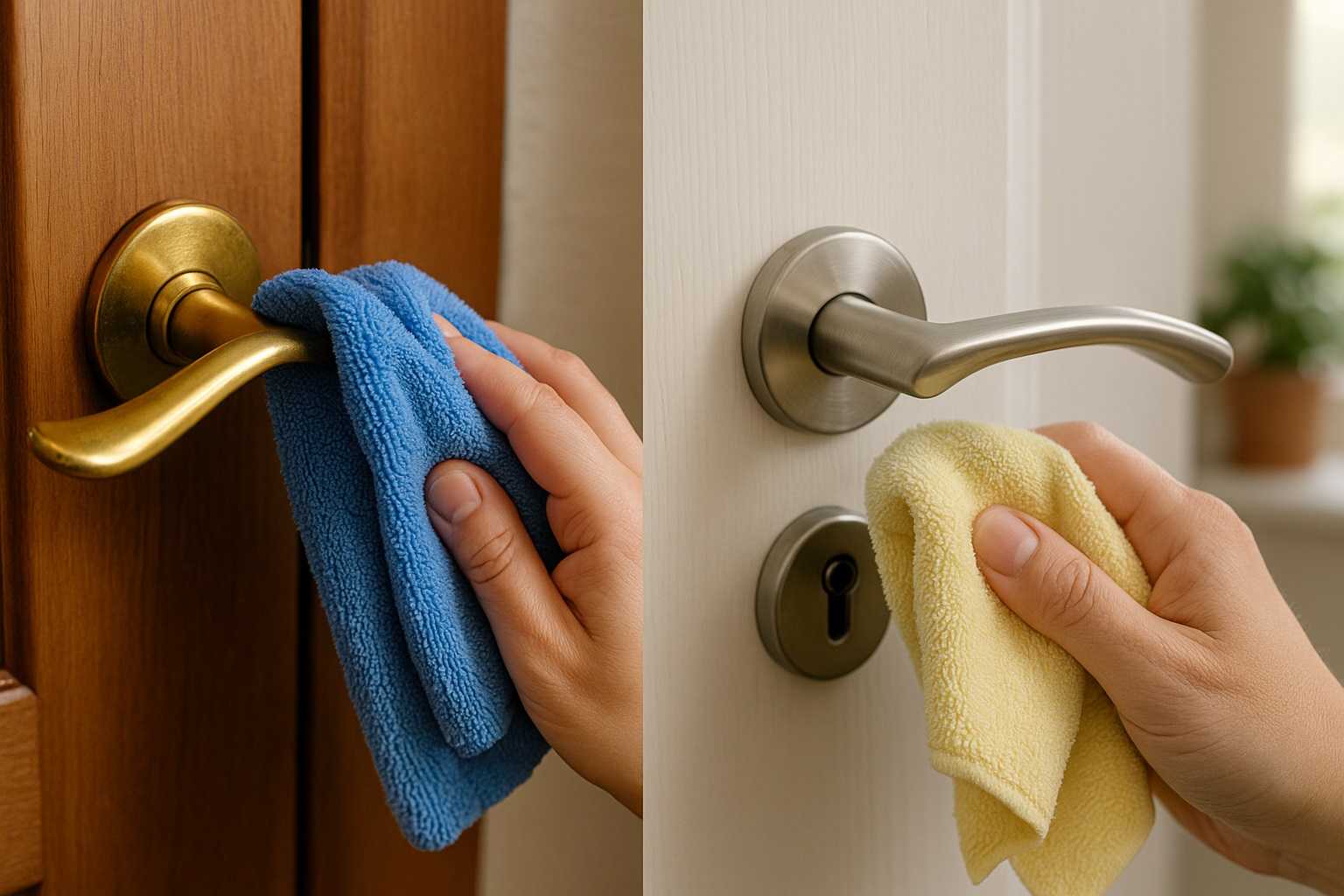 Una persona pulisce due maniglie di porte interne: una in ottone su porta in legno e una in metallo satinato su porta bianca, utilizzando panni morbidi in microfibra colorati, in un ambiente domestico illuminato naturalmente.