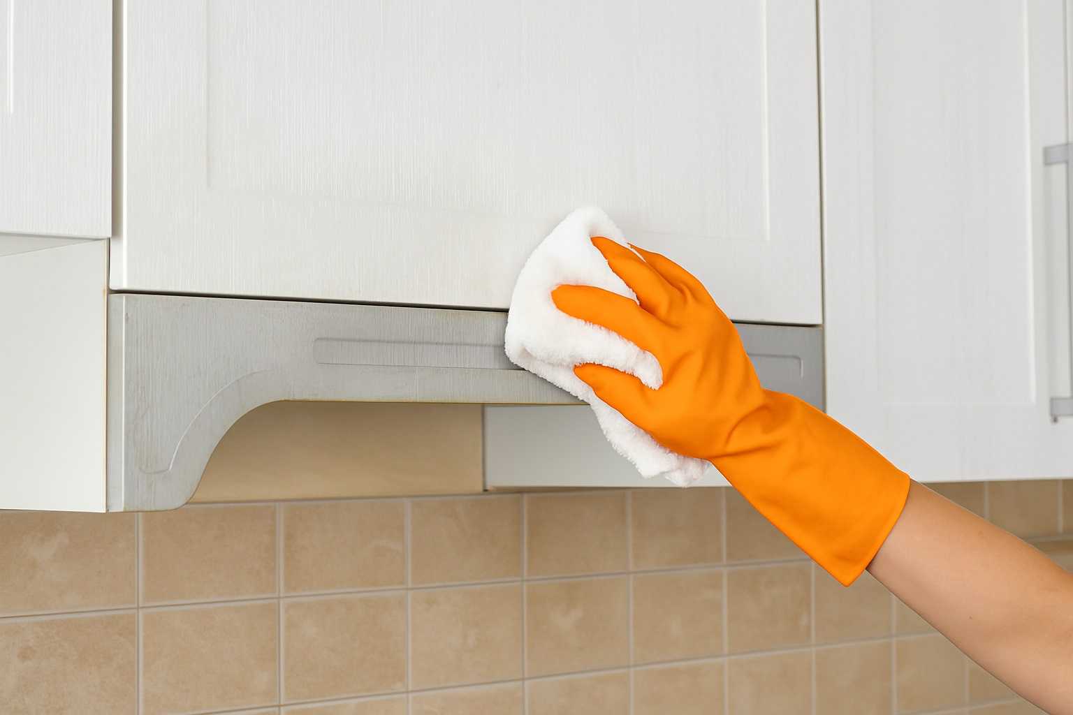 Mano con guanto arancione che pulisce un pensile della cucina con un panno in microfibra, rimuovendo lo sporco e il grasso accumulato
